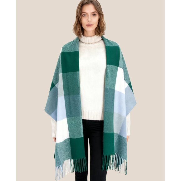 Women Green Blue Check Winter Warm Shawl Wraps Tartan Blanket Oversized Scarves - Picture 2 of 6